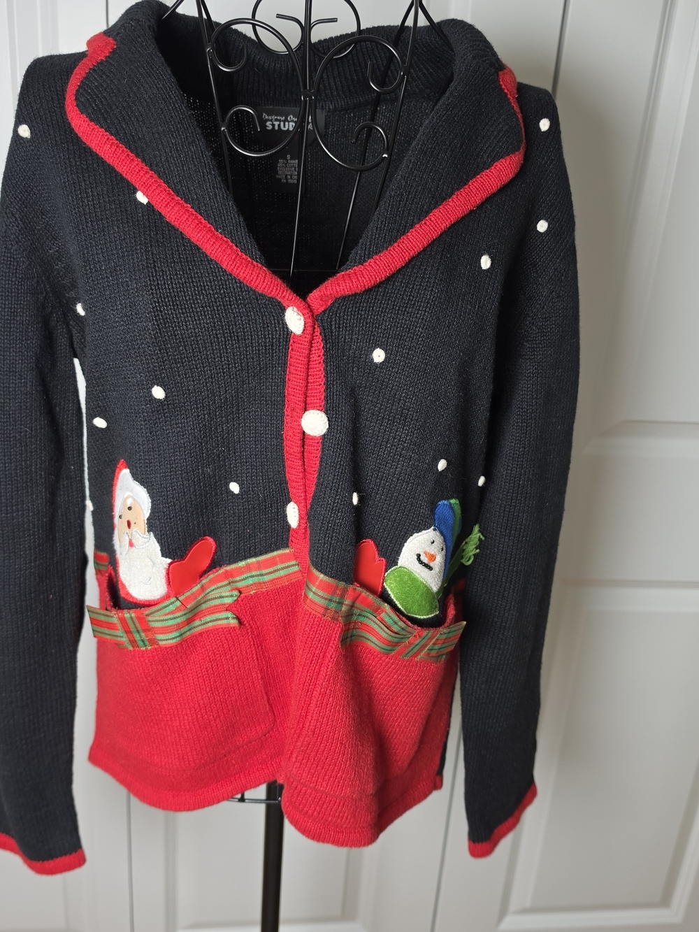Vintage Studio Joy Christmas Sweater S Santa Snowman 3D Applique Ramie Cardigan
